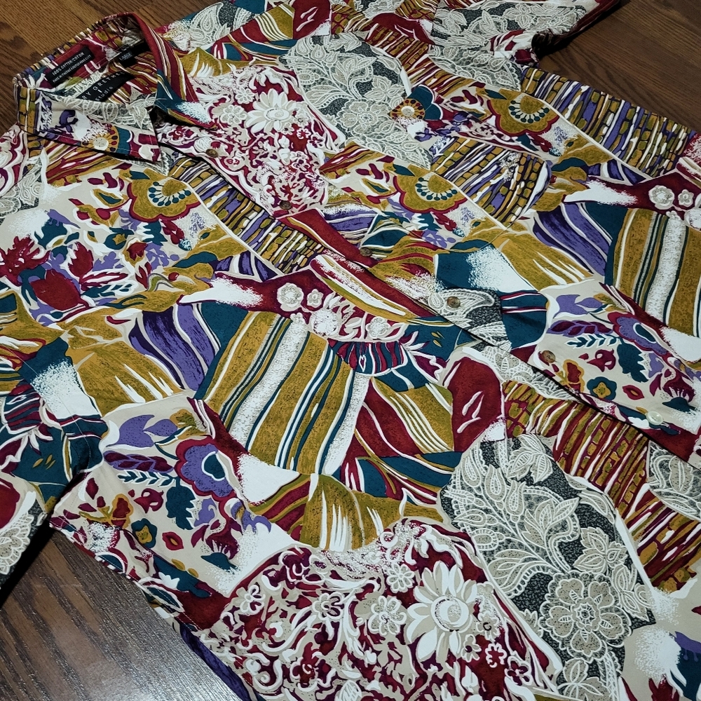Vintage 80s HENRY GRETHEL Floral ABSTRACT Paisley Print Button-up Collared Shirt - Picture 8 of 15